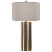 Finished in an Antiqued Brushed Brass44 This Table Lamp Keeps itSimple Yet Upscale with a Large Metal cylinder Base with Matching Accents46 The Hardback Drum Shade is Finished in a Beige Linen Fabric46 FeaturesLamps combines Premium Quality Materials with