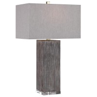 contemporary in Design44 This Table Lamp is Finished in a Rustic Wood Look with Tones of Light gray44 Dark gray and Aged Brown46 A Thick crystal Foot and Antiqued Brushed Brass Hardware compliment the Piece46 A Light gray Linen44 Rectangle Hardback Shade 