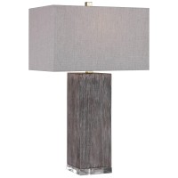 contemporary in Design44 This Table Lamp is Finished in a Rustic Wood Look with Tones of Light gray44 Dark gray and Aged Brown46 A Thick crystal Foot and Antiqued Brushed Brass Hardware compliment the Piece46 A Light gray Linen44 Rectangle Hardback Shade 