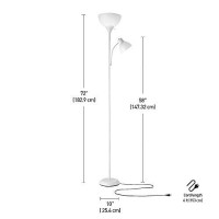 Globe Electric 67136 72 Torchiere Floor Lamp + Adjustable Reading Light, Matte White, Frosted Plastic Shade, 3-Step Rotary Switch On Socket, Living Room Dacor, Reading Light, Home Essentials