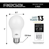 Regal Led A19 Light Bulb 5000K Daylight 800-Lumen, 9-Watt (60-Watt Equivalent), E26 Base, 5000 Kelvin, Day Light, 5-Pack, Non-Dimmable