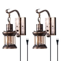 Rustic Wall Light, 2-In-1 Oil Rubbed Bronze Vintage Wall Light Fixtures Hardwired Plug In Industrial Glass Shade Lantern Lighting Retro Lamp Metal Wall Sconce For Home Bedroom Dining Room Cafe(2 Pack)