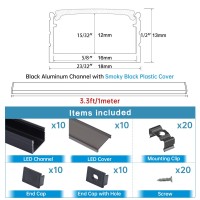 Muzata 10Pack 1813MM 1M33ft Black Aluminum LED Channel System and Cover for LED Strip Lights UShape Aluminum Profile with All Accessories for Easy Installation