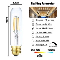 Leools Led Tube Bulb Glass 4W Dimmable Edison T10 Tubular Bulb,E26 Medium Base Filament Lamp 40 Watt Incandescent Bulb Equivalent 2700K Warm White,Clear Glass,No Flicker,3 Pack.