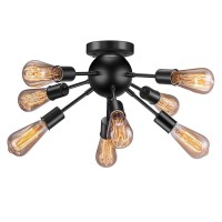 Elibbren Vintage Semi Flush Mount Ceiling Light With 8 Ul Sockets, E26 Base Modern Antique Black Sputnik Industrial Ceiling Lamp Fixture For Kitchen Dining Room Bedroom Study Living Room