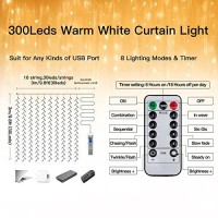 Ollny Curtain Lights Christmas Warm White 300 Led 9.8Ftx9.8Ft, Remote Usb Powered 8 Lighting Modes Timer Waterproof Hanging Lights Indoor Outdoor For Xmas Thanksgiving Wedding Party Patio Decorations