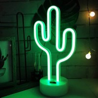 Green Cactus Neon Light Signs Led Cactus Neon Lights Night Lights With Pedestal Room Decor Battery/Usb Operation Cactus Lamps Neon Signs Light Up Children'S Room Bedroom Wedding