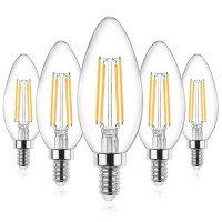 Ascher E12 Candelabra Led Light Bulbs 60 Watt Equivalent, 550 Lumen, Warm White 2700K, Clear Led Filament Candle Bulbs, Non-Dimmable, Pack Of 5