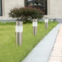 Solar Bollard Lights Outdoor - 6 Pack Stainless Steel Warm White Led Landscape Lights Waterproof Decorative Lighting For Backyard Lawn Patio