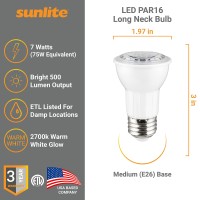 Sunlite 80124 Led Par16 Long Neck Recessed Spotlight Bulb, 7 Watt, (75W Halogen Replacement), 500 Lumens, Medium (E26) Base, Dimmable, Etl Listed, 1 Pack 2700K Warm White