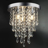 3 Lights Mini Crystal Flushmount Chandelier Fixture, H10.4 X W9.8, Elegant Modern Flush Mount Ceiling Light/ Lamp For Bedroom, Hallway, Bar, Living Room, Dining Room, Chrome(G9 Base)