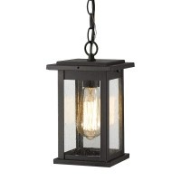 Emliviar Outdoor Pendant Lights For Porch, 1-Light Exterior Hanging Light Fixtures, Black Finish With Seeded Glass, 1803Ew1-H