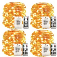 Wsgift 4 Pack 33Ft 100 Warm White Led Fairy Lights Battery Operated With Remote Control Timer Waterproof Silver Copper Wire Twin