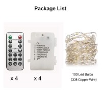 Wsgift 4 Pack 33Ft 100 Warm White Led Fairy Lights Battery Operated With Remote Control Timer Waterproof Silver Copper Wire Twin