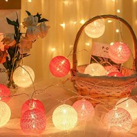 Xiyunte Cotton Ball String Lights, 1.2In 20 Led Pink/White Mini Christmas Globe String Lights, Battery Or Usb Powered Fairy String Lights For Indoor Bedroom Party Wedding Christmas Tree Decor