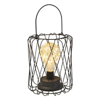 Home District Basket Lantern Lamp - Round Wire Basket With Led Light Bulb, Cordless Black Metal And String Light Lamp - 8 Tall