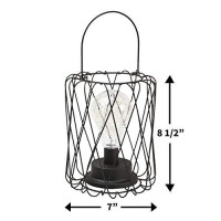 Home District Basket Lantern Lamp - Round Wire Basket With Led Light Bulb, Cordless Black Metal And String Light Lamp - 8 Tall