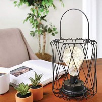 Home District Basket Lantern Lamp - Round Wire Basket With Led Light Bulb, Cordless Black Metal And String Light Lamp - 8 Tall