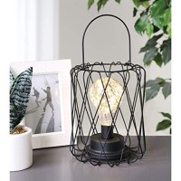 Home District Basket Lantern Lamp - Round Wire Basket With Led Light Bulb, Cordless Black Metal And String Light Lamp - 8 Tall