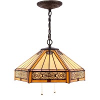 Werfactory Tiffany Pendant Light Fixture Yellow Hexagon Stained Glass Mission Hanging Lamp Wide 16 Inch, Height 40 Inch S011 Series