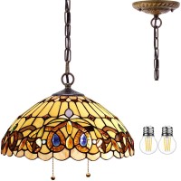 Werfactory Tiffany Pendant Light Fixture Serenity Victorian Stained Glass Hanging Lamp Wide 16 Inch, Height 40 Inch S021 Series