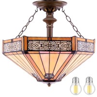 Werfactory Tiffany Ceiling Light Fixture Yellow Hexagon Stained Glass Mission Semi Flush Mount Lamp Wide 16 Inch Height 15 Inch Tiffany Ceiling Lamp S011 Series