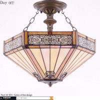 Werfactory Tiffany Ceiling Light Fixture Yellow Hexagon Stained Glass Mission Semi Flush Mount Lamp Wide 16 Inch Height 15 Inch Tiffany Ceiling Lamp S011 Series