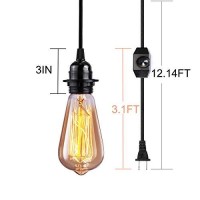 Vintage Plug In Hanging Light Kit, Elibbren Industrial Style Pendant Lighting E26 E27 Lamp Socket 12.14Ft Twisted Textile Black Cord With Dimmable On/Off Switch Plug In Lamp Fixture 2 Pack