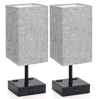 Maxvolador Touch Control Table Lamp, 3 Way Dimmable Bedside Desk Lamps With 2 Usb Charging Ports 2 Ac Outlets,Grey Fabric Shade Modern Nightlight For Bedroom, St64 Led Bulbs Included,Set Of 2