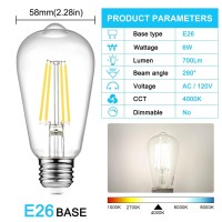 Ascher Led Edison Bulbs 6W, Equivalent 60W, High Brightness Daylight White 4000K, 700 Lumens, St58 Vintage Led Filament Bulbs With 80+ Cri, E26 Base, Non-Dimmable, Clear Glass, 4 Packs