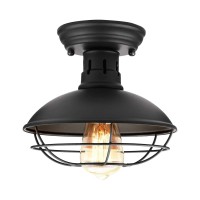 Farmhouse Flush Mount Ceiling Light - Easric Industrial Ceiling Light Fixture Rustic Black Metal Cage Close To Ceiling Lamp E26 Base For Hallway Foyer Kitchen Porch