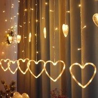 Curtain Lights, 138 Led 12 Love Heart Remote Window Curtain String Lights Plug In With 8 Flashing Modes Decoration For Valentine'S Day, Wedding, Bedroom, Party, Birthday, 7.3Ft W, 3.3Ft H, Warm White