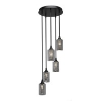 Empire 5 Light Cluster Pendalier In Matte Black Finish With 4 Silver Matrix Glass