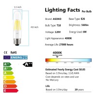 Asoko E26 T10 Bulbs Daylight White 6W, Dimmable T10 Edison Bulb 60 Watts 4000K, E26 Base Led Tubular Light Bulbs, Tube Vintage Led Edison Bulb For Desk Lamp, Pendant Lights, Home (3 Pack)