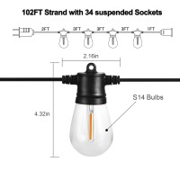 Banord 102Ft Outdoor String Lights Waterproof Patio Lights With 35 Shatterproof Led Bulb Hanging Light String Black String Lig