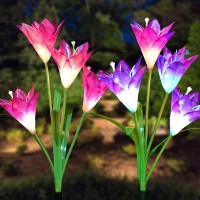 Doingart Outdoor Solar Garden Lights - 2 Pack Solar Powered Lights With 8 Lily Flower, Multi-Color Changing Led Solar Decorative Lights For Gard