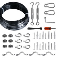 Brightown String Lights Hanging Kit For Outdoor, Includes 100Ft Stainless Steel(304) Suspension Rope Cable In Black Vinyl-Coated, Turnbuckle, Thimble, Hooks. Heavy Duty And Easy To Install