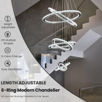 Moooni Modern High Ceiling Chandelier,3-Color Changing Led Crystal Pendant Light, Diy Design Chandelier For Living Room Staircase Foyer Entryway, D7.9-11.8-15.8-19.7-23.6-27.6 Inches