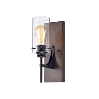 Warehouse Of Tiffany Wm065/1 Stravo 1-Light Black And Faux Wood Finish Metal Glass Cylinder Shade (Includes Edison Bulb) Wall Sconce