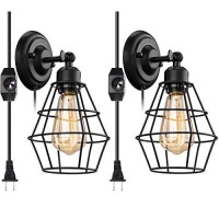 Vintage Plug In Dimmable Wall Sconce 2 Pack, Elibbren Hardwired Industrial Edison Wire Cage Wall Light With Dimmer Switch 5.9Ft Plug In Cord, Rustic Wall Light Fixture For Headboard, Bedroom, Nightsta