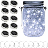 Angmln Upgraded Solar Mason Jar Lid Lights 10 Pack 30 Led Fairy Star Firefly String Lids Lights Including 10 Pcs Hangers For