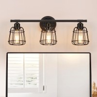 Elibbren Industrial Bathroom Vanity Light 3 Lights, Vintage Matte Black Wall Sconce With Caged, E26 Base Farmhouse Bathroom Wall Light Fixture For Bathroom Vanity Mirror Cabinets Dressing Table