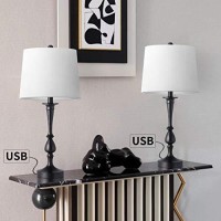 Oneach Usb Table Lamp Set Of 2 Modern Bedside Desk Lamps For Bedroom Living Room Office 25 Black Nightstand Lamp