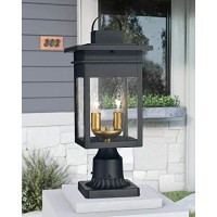 Zeyu 2-Light Outdoor Post Lantern Lamp, 17 Inches Exterior Post Light Fixtures In Black And Gold Finish With Seeded Glass, 20072P2