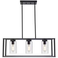 Vinluz Contemporary Chandeliers Black 3 Light Modern Dining Room Lighting Fixtures Hanging, Kitchen Island Cage Linear Pendant Lights Farmhouse Flush Mount Ceiling Light With Glass Shade