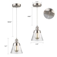 Modern Glass Pendant Light With Handblown Clear Seeded Glass Shade, One-Light Adjustable Industrial Mini Pendant Lighting Fixture For Kitchen Island Cafe Bar, Brushed Nickel