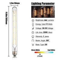 Leools Led Tube Bulbs,T10 Tubular Edison Style Led Filament Bulb, 12W Dimmable Antique Led Bulb,E26 Base,Clear Glass,Warm White,2700K,1000Lm(75-100W Equivalent),11.8In,Pack Of 4