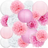 Celehappy Pink Paper Lanterns Decoration Tissue Paper Pom Poms Paper Flower 18Pcs Party Decorations For Baby Shower Wedding Vale