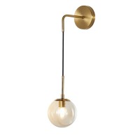 Bokt Mid Century Modern Globe Wall Sconce Lighting Brushed Brass Gold Amber Glass Round Wall Light Fixture Vintage Vanity Globe Bathroom Bar Wall Lamp (Gold+Amber)