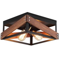 Rustic Industrial Flush Mount Light Fixture Two-Light Metal And Wood Square Flush Mount Ceiling Light For Hallway Living Room Bedroom Kitchen Entryway Farmhouse, Black